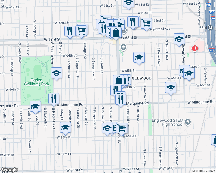 map of restaurants, bars, coffee shops, grocery stores, and more near 840 West 66th Street in Chicago