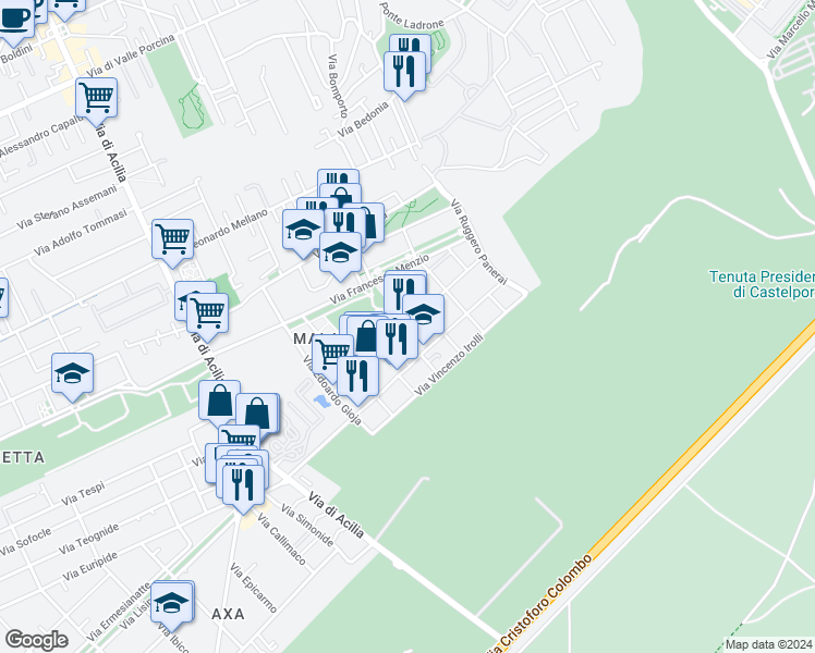 map of restaurants, bars, coffee shops, grocery stores, and more near 456 via Gigi Chessa in Roma