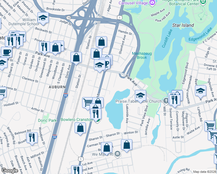 map of restaurants, bars, coffee shops, grocery stores, and more near 32 Prospect Street in Cranston