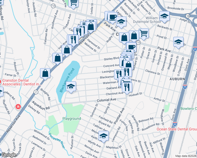 map of restaurants, bars, coffee shops, grocery stores, and more near 122 Lexington Avenue in Cranston