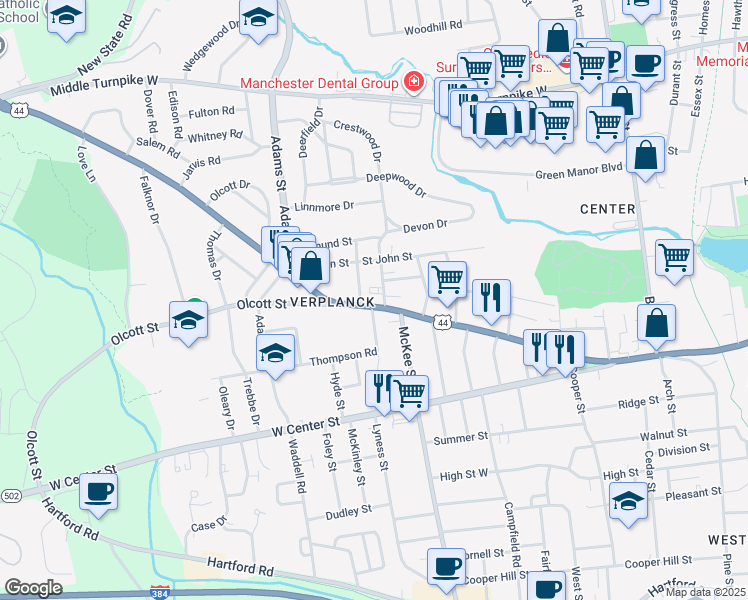 map of restaurants, bars, coffee shops, grocery stores, and more near 20 Fairview Street in Manchester