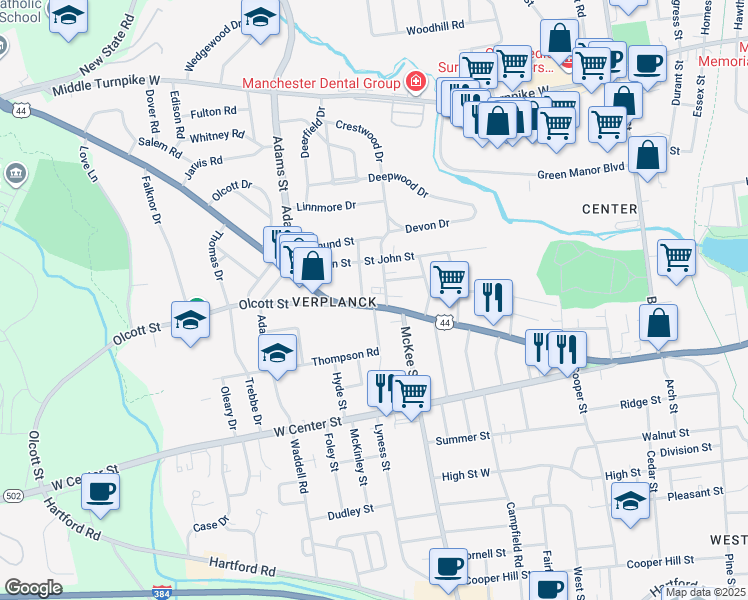 map of restaurants, bars, coffee shops, grocery stores, and more near 20 Fairview Street in Manchester
