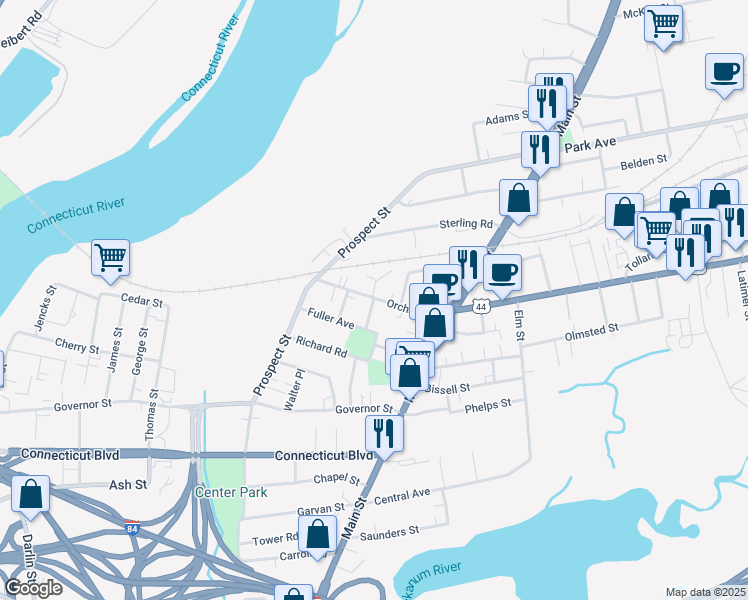 map of restaurants, bars, coffee shops, grocery stores, and more near 52 Orchard Street in East Hartford