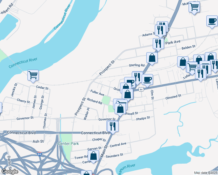 map of restaurants, bars, coffee shops, grocery stores, and more near 52 Orchard Street in East Hartford
