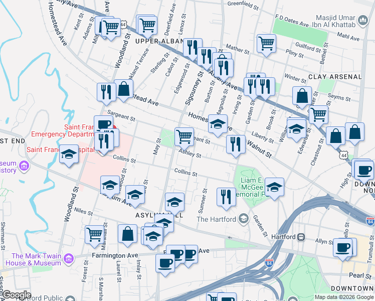 map of restaurants, bars, coffee shops, grocery stores, and more near 125 Sargeant Street in Hartford