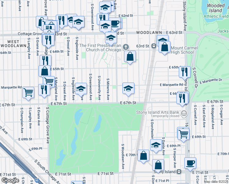 map of restaurants, bars, coffee shops, grocery stores, and more near 6601 South Minerva Avenue in Chicago