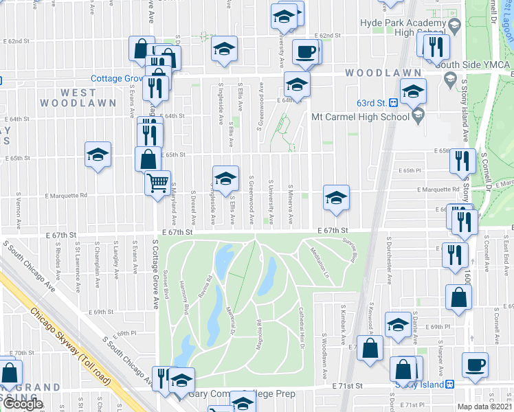 map of restaurants, bars, coffee shops, grocery stores, and more near 6558 South Greenwood Avenue in Chicago
