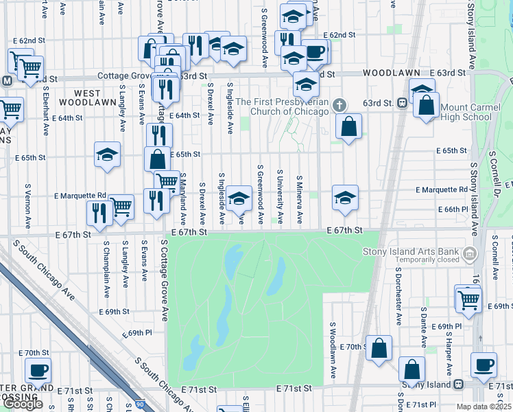 map of restaurants, bars, coffee shops, grocery stores, and more near 6558 South Greenwood Avenue in Chicago