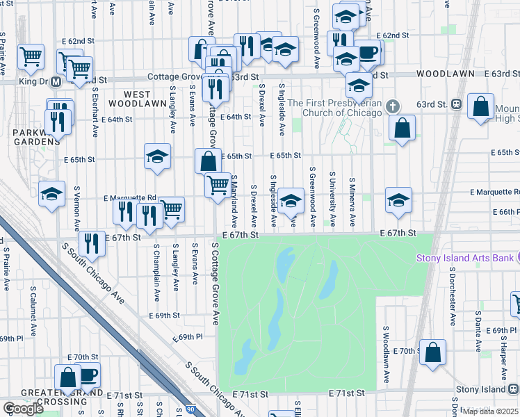 map of restaurants, bars, coffee shops, grocery stores, and more near 6555 South Drexel Avenue in Chicago