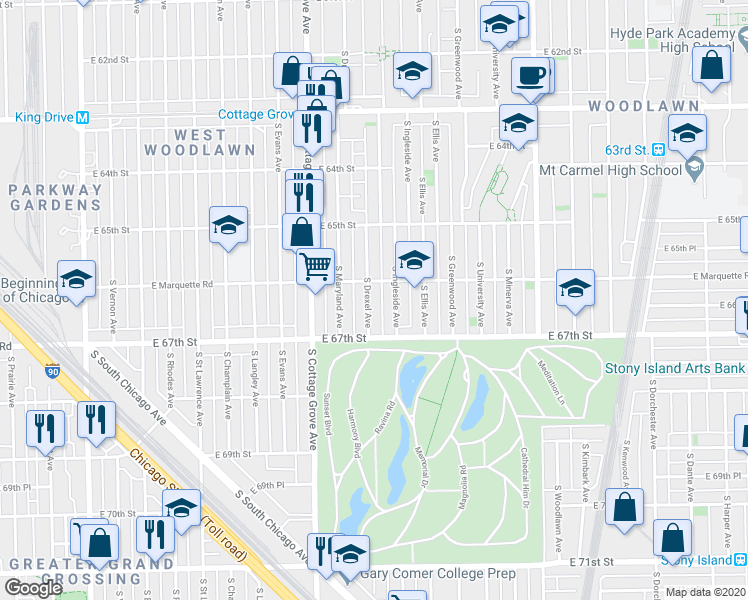 map of restaurants, bars, coffee shops, grocery stores, and more near 6555 South Drexel Avenue in Chicago