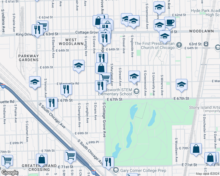 map of restaurants, bars, coffee shops, grocery stores, and more near 6601 South Maryland Avenue in Chicago