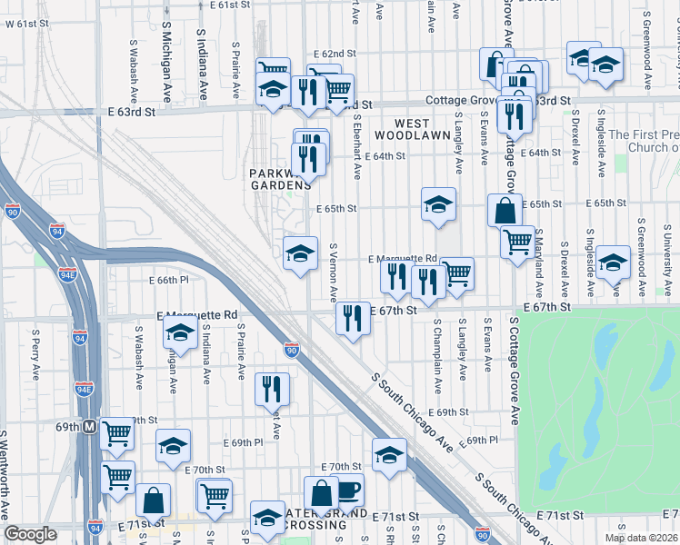 map of restaurants, bars, coffee shops, grocery stores, and more near 456 East 66th Street in Chicago