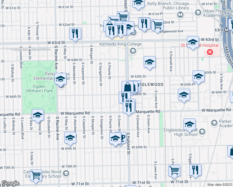 map of restaurants, bars, coffee shops, grocery stores, and more near 6538 South Green Street in Chicago