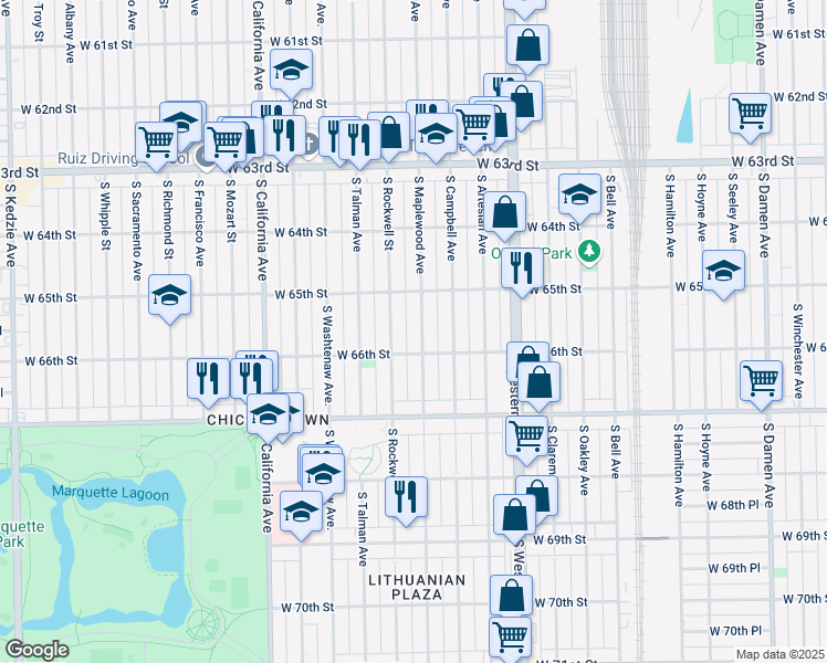 map of restaurants, bars, coffee shops, grocery stores, and more near 6515 South Maplewood Avenue in Chicago