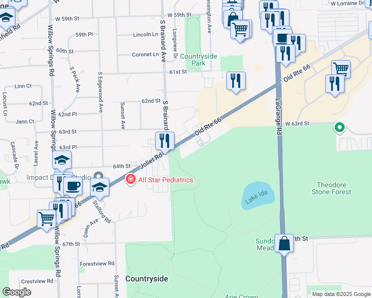 map of restaurants, bars, coffee shops, grocery stores, and more near in Countryside