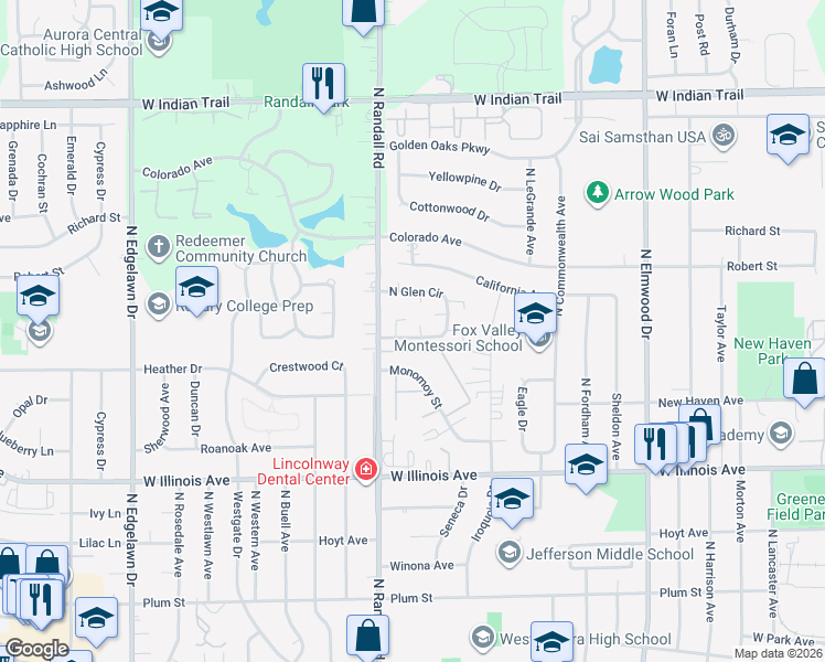 map of restaurants, bars, coffee shops, grocery stores, and more near 1385 South Glen Circle in Aurora