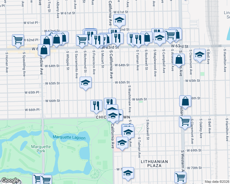 map of restaurants, bars, coffee shops, grocery stores, and more near 6533 South California Avenue in Chicago