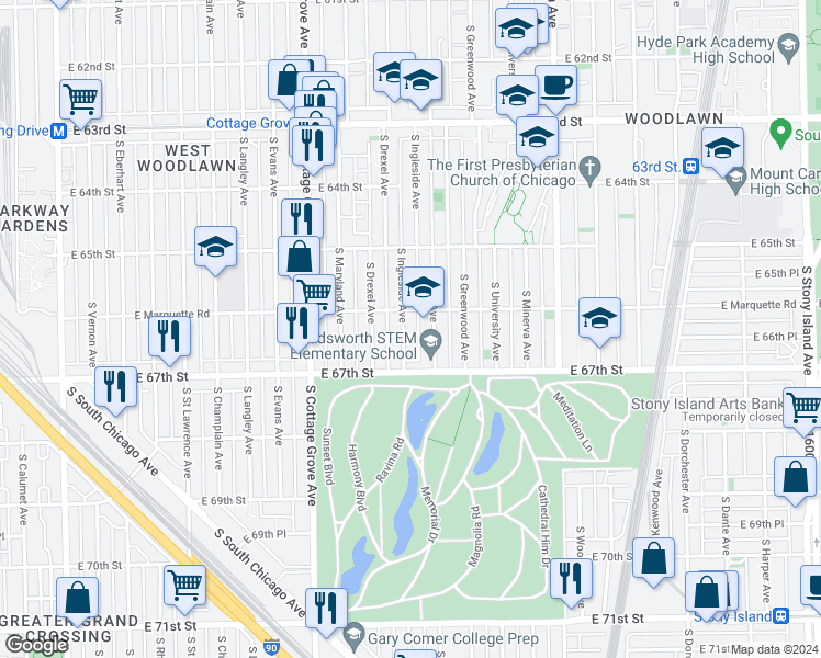 map of restaurants, bars, coffee shops, grocery stores, and more near 6620 South Ellis Avenue in Chicago