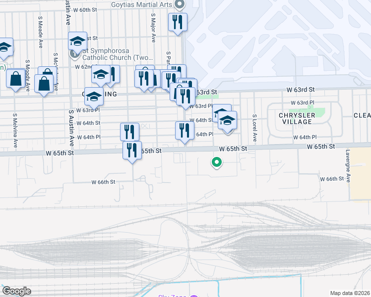 map of restaurants, bars, coffee shops, grocery stores, and more near S Central Ave & W 65th St in Chicago