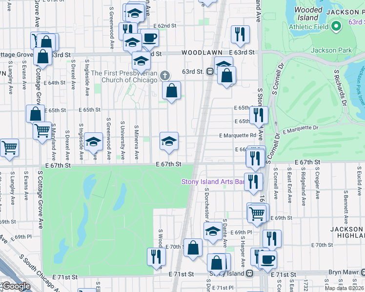 map of restaurants, bars, coffee shops, grocery stores, and more near 6618 South Kenwood Avenue in Chicago