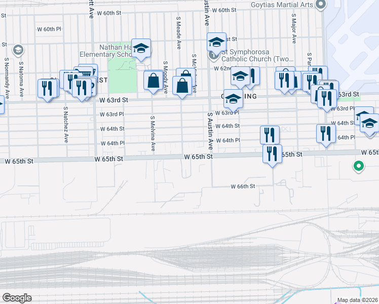 map of restaurants, bars, coffee shops, grocery stores, and more near 6029 West 64th Place in Chicago