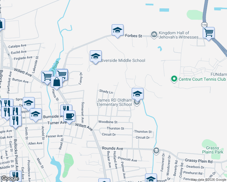 map of restaurants, bars, coffee shops, grocery stores, and more near 1 Shady Lane in East Providence