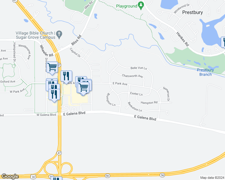map of restaurants, bars, coffee shops, grocery stores, and more near 176 Brompton Lane in Sugar Grove