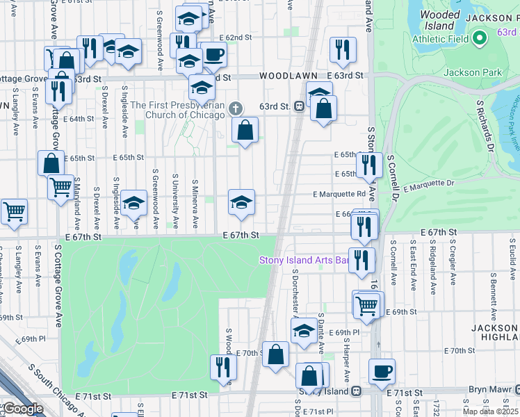 map of restaurants, bars, coffee shops, grocery stores, and more near 1311 East Marquette Road in Chicago