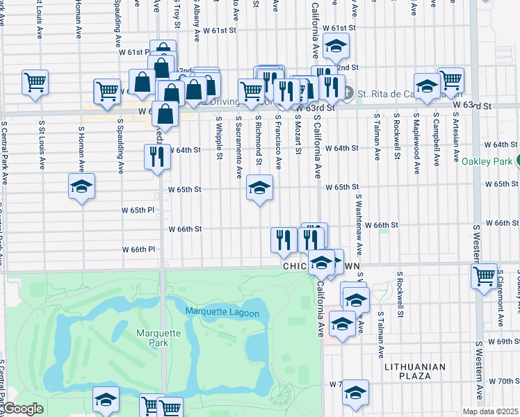 map of restaurants, bars, coffee shops, grocery stores, and more near 6550 South Richmond Street in Chicago