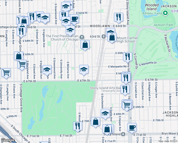map of restaurants, bars, coffee shops, grocery stores, and more near 6614 South Kenwood Avenue in Chicago