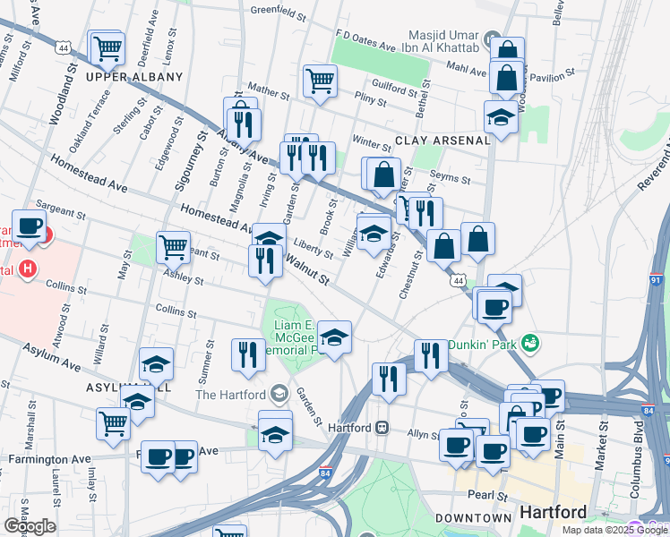 map of restaurants, bars, coffee shops, grocery stores, and more near 11 Liberty Street in Hartford