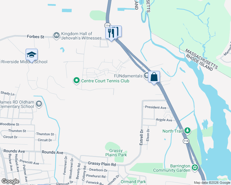 map of restaurants, bars, coffee shops, grocery stores, and more near 92 Hospital Road in East Providence