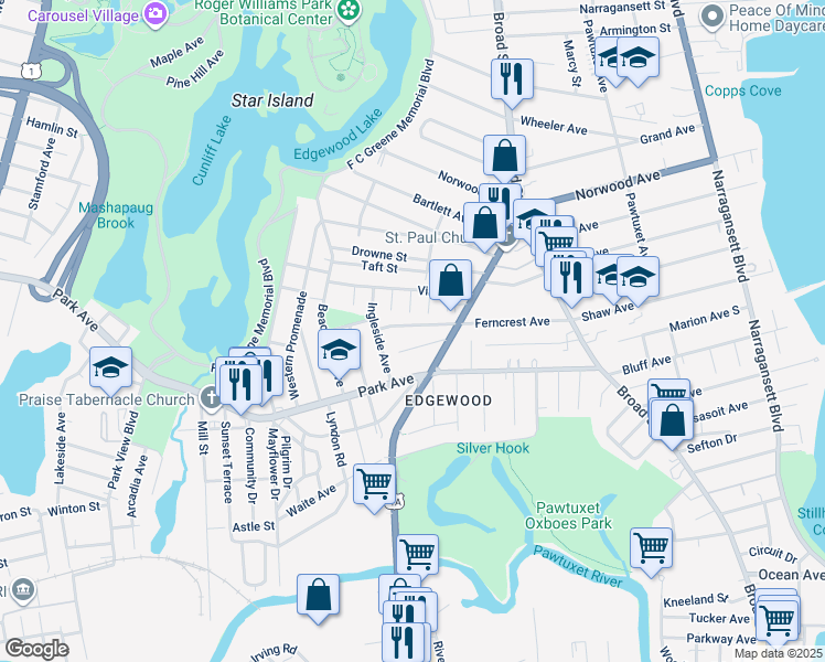 map of restaurants, bars, coffee shops, grocery stores, and more near 20 Gail Avenue in Cranston