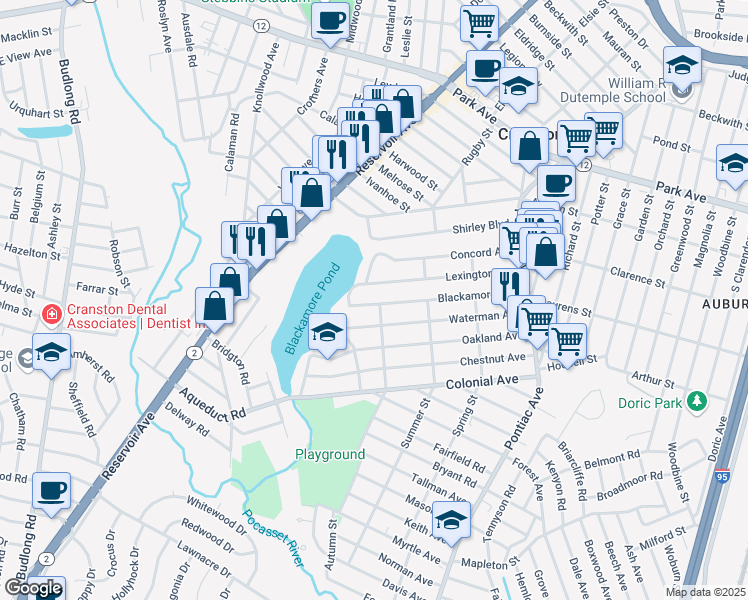 map of restaurants, bars, coffee shops, grocery stores, and more near 162 Lexington Avenue in Cranston