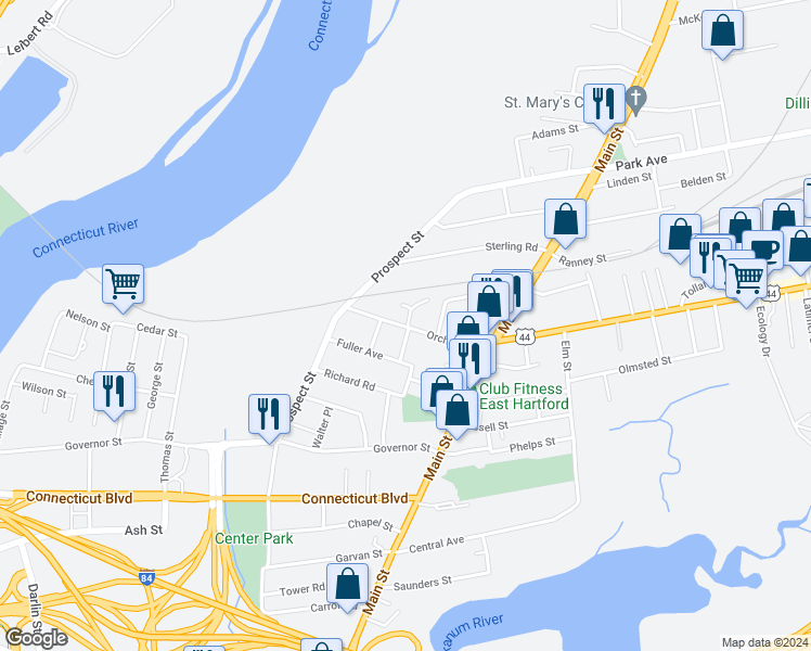 map of restaurants, bars, coffee shops, grocery stores, and more near 52 Orchard Street in East Hartford