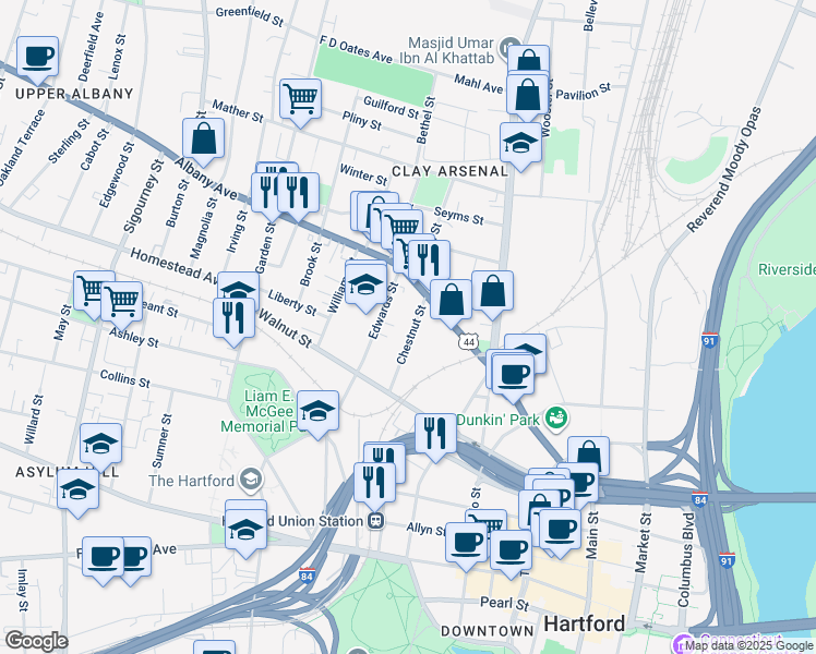 map of restaurants, bars, coffee shops, grocery stores, and more near 98 Edwards Street in Hartford