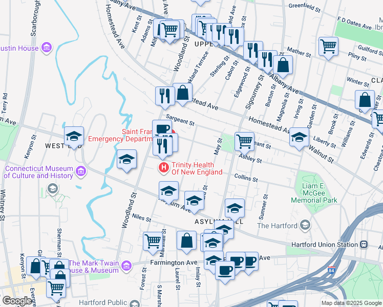 map of restaurants, bars, coffee shops, grocery stores, and more near in Hartford