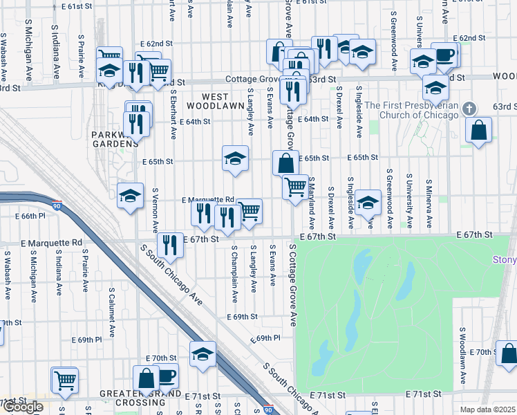 map of restaurants, bars, coffee shops, grocery stores, and more near 6552 South Evans Avenue in Chicago