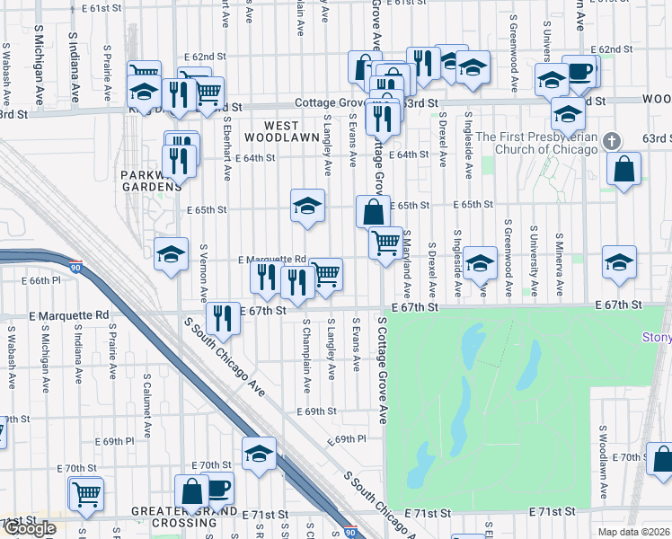 map of restaurants, bars, coffee shops, grocery stores, and more near 6552 South Evans Avenue in Chicago