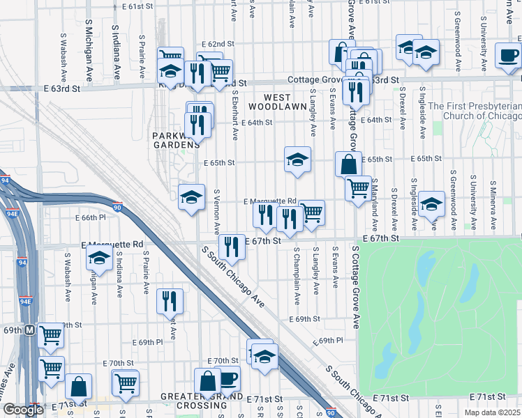map of restaurants, bars, coffee shops, grocery stores, and more near 6556 South Rhodes Avenue in Chicago