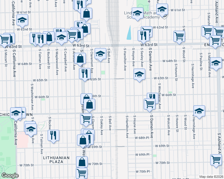 map of restaurants, bars, coffee shops, grocery stores, and more near 6521 South Bell Avenue in Chicago