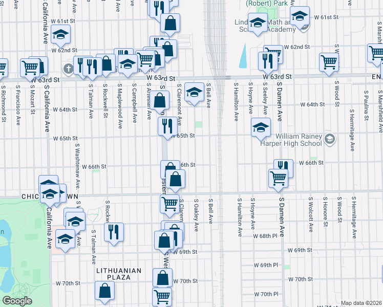 map of restaurants, bars, coffee shops, grocery stores, and more near 6523 South Oakley Avenue in Chicago