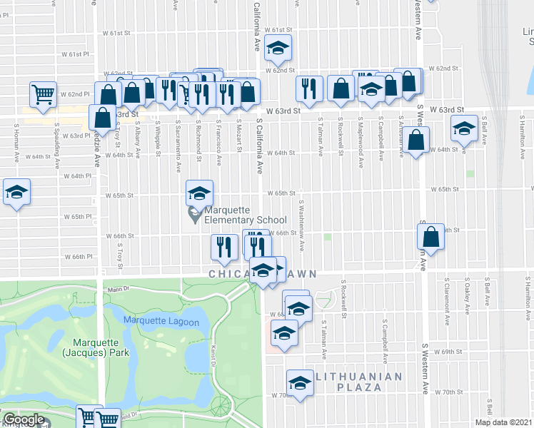 map of restaurants, bars, coffee shops, grocery stores, and more near 6511 South California Avenue in Chicago