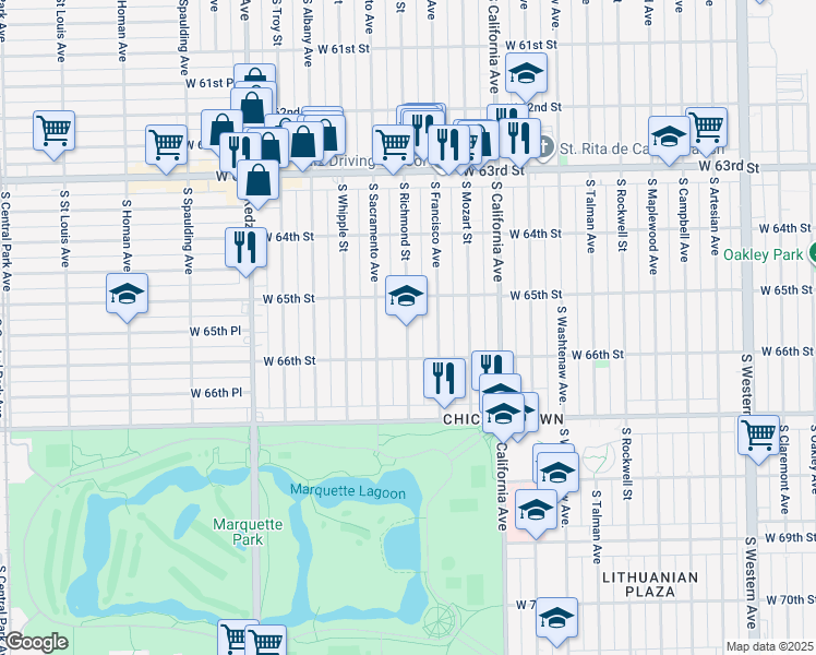 map of restaurants, bars, coffee shops, grocery stores, and more near 2944 West 65th Street in Chicago