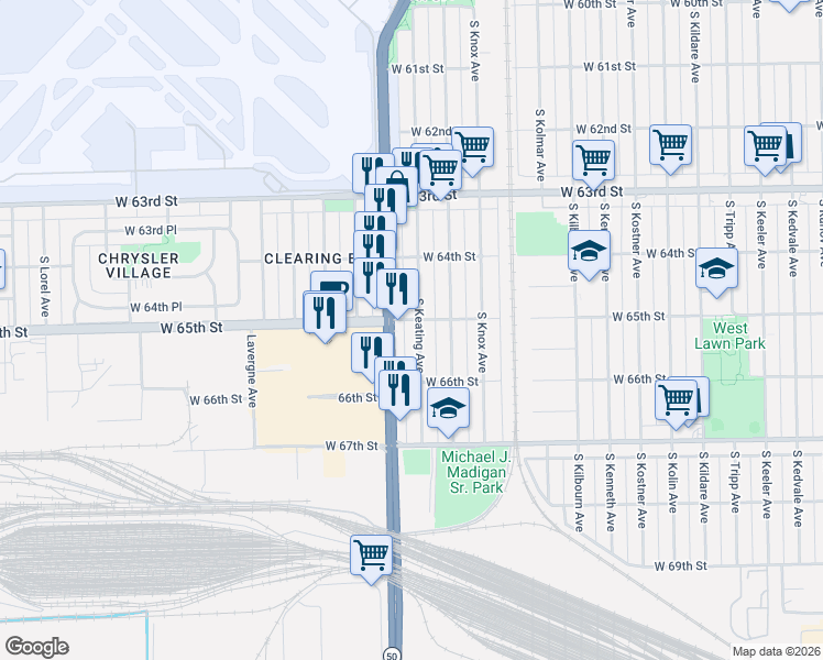 map of restaurants, bars, coffee shops, grocery stores, and more near 6452 South Keating Avenue in Chicago