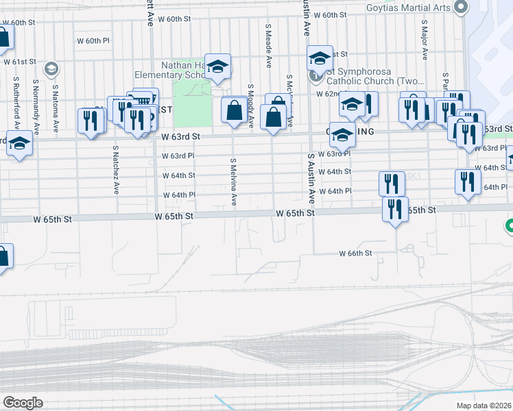 map of restaurants, bars, coffee shops, grocery stores, and more near 6145 West 64th Place in Chicago