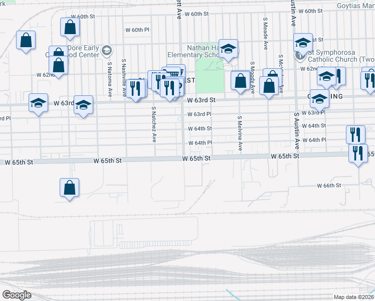 map of restaurants, bars, coffee shops, grocery stores, and more near 6424 South Narragansett Avenue in Chicago