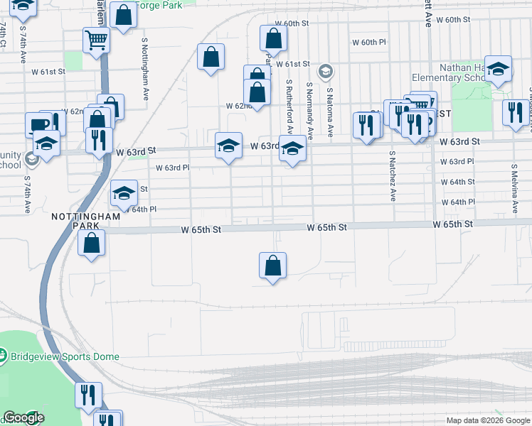 map of restaurants, bars, coffee shops, grocery stores, and more near 6824 West 64th Place in Chicago