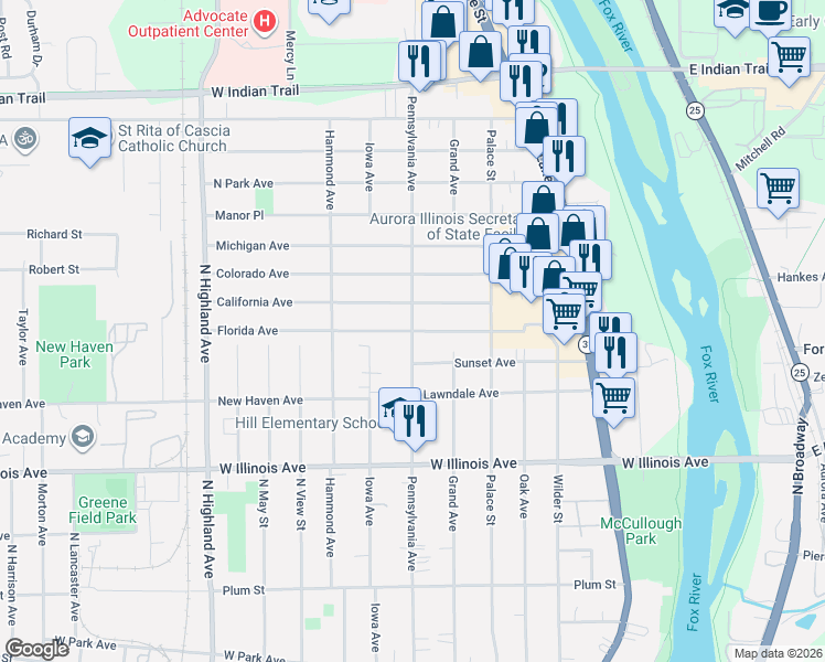 map of restaurants, bars, coffee shops, grocery stores, and more near 924 Pennsylvania Avenue in Aurora