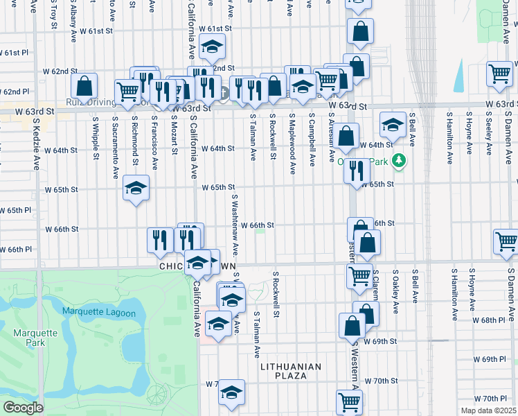 map of restaurants, bars, coffee shops, grocery stores, and more near 6533 South Talman Avenue in Chicago